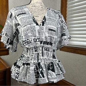 News Print Black & White Cropped Ruffled Top Size M